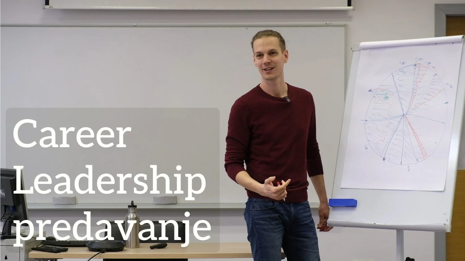 Luka Šolta drži predavanje na katedri pokraj flipcharta uz natpis "Career Leadership predavanje"