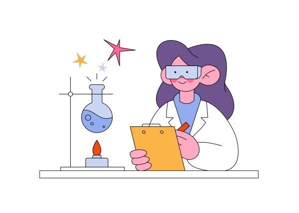 Ilustracija žene u laboratoriju kako provodi eksperiment. Označava koncept znanstvenih dokaza