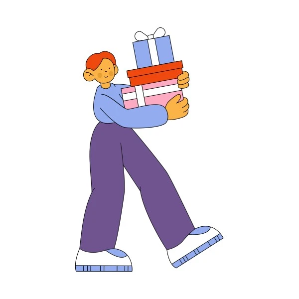 Ilustracija momka koji nosi darove, koja predstavlja besplatne materijale ne hrabro.hr