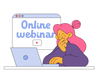 Ilustracija cure kako gleda u prijenosno računalo i zamišljeno razmatra online webinar