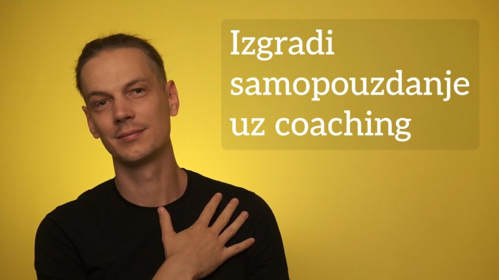 Luka Šolta u crnoj majici ispred zlatne pozadine uz natpis "Izgradi samopouzdanje uz coaching"