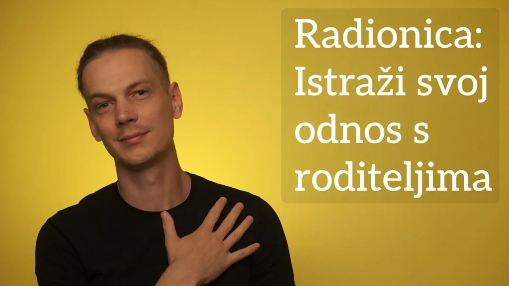 Luka Šolta u crnoj majici ispred zlatne pozadine uz natpis "Radionica: Istraži svoj odnos s roditeljima"